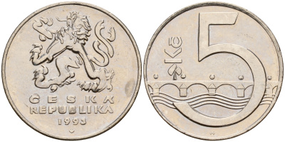 Чехия 5 крон 1993 чешский лев, Карлов мост KM 8 сталь плакированная никелем    4601-1156