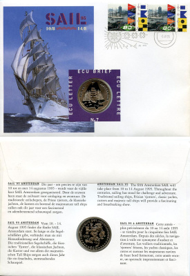 Нидерланды 1 экю 1995 Регата в Амстердаме, в оригинальном конверте, с марками, первый день гашения X 207 медно-никель BU 4-3-8-27