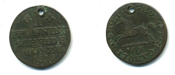 Брауншвейг-Вольфенбюттель 1 ПФЕННИГ 1819 FR, КАРЛ II ПРИ РЕГЕНТСТВЕ ГЕОРГА III КОРОЛЯ ВЕЛИКОБРИТАНИИ (1815-1820) С ДЫРКОЙ KM 1069 медь 54-957