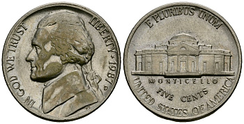 США 5 центов 1987 Джефферсон KM A192 медно-никель 4135-451