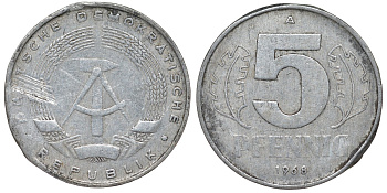 ГДР 5 пфеннигов 1968 A KM 9.1 алюминий 62-136