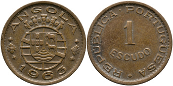 Португальская Ангола 1 эскудо 1963 KM 76 бронза 33-915