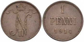 Россия для Финляндии 1 пенни 1914 Николай II (1894-1917) KM 13, Биткин 474 медь 4396-1421