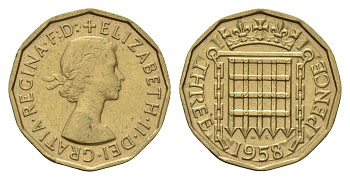 Великобритания 3 пенса 1958 Елизавета II (1952-2022) KM 900, Spink 4153 никель латунь 4121-536