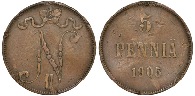 Россия для Финляндии 5 пенни 1905 Биткин 446 медь 51-1251