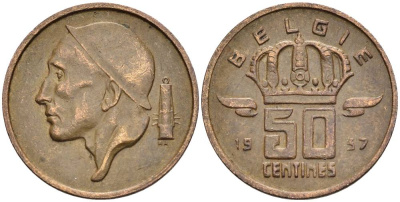 Бельгия 50 сантимов 1957 Belgie, Бодуэн I (1951-1993) KM 149.1 бронза 4528-965