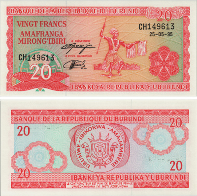 БУРУНДИ 20 ФРАНКОВ 1995 Pick 27с бумага UNC (ПРЕСС) 8605-32-2-2