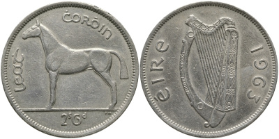 ИРЛАНДИЯ 1/2 КРОНЫ - 2 ШИЛЛИНГА 6 ПЕНСОВ 1963 ЛОШАДЬ KM 16а медно-никель 3457-311