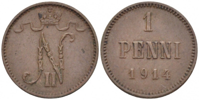 Россия для Финляндии 1 пенни 1914 Николай II (1894-1917) KM 13, Биткин 474 медь 4396-1421