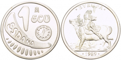 Испания 1 экю 1989 Похищения Европы X M23 серебро  PROOF   1082-1-65