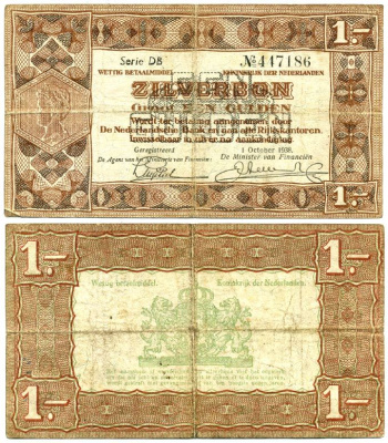 Нидерланды 1 гульден 1938 серебряный ваучер, в серии 2 буквы, 6 цифр Pick 61, Akkermans 4.1 b бумага 435-74-1-1