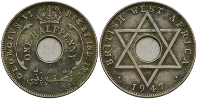 Британская Западная Африка 1/2 пенни 1947 H, Георг VI KM 18 медно-никель 25-1232