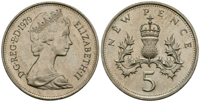 Великобритания 5 пенсов 1979 Елизавета II (1952-2022) KM 911, Spink 4233 (D1) медно-никель 4538-226