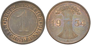 ГЕРМАНИЯ 1 РЕЙХСПФЕННИГ 1934 A KM 37, J. 313, Weege 2 бронза 206-845