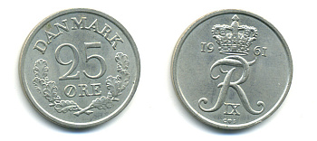 ДАНИЯ 25 ЭРЕ 1961 C; S, ФРЕДЕРИК IX (1947-1972) KM 850 медно-никель UNC 80-1145