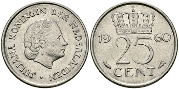 НИДЕРЛАНДЫ 25 ЦЕНТОВ 1960 ЮЛИАНА KM 183 никель 96-144