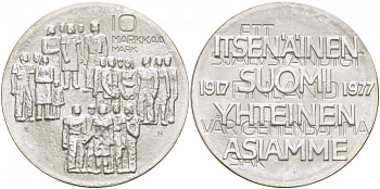Финляндия 10 марок 1977 K-H, 60 лет независимости (1917-1977) KM 55 серебро UNC 1515-1425