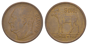 Норвегия 5 эре 1967 Улаф V (1957-1991) KM 405 бронза 4635-614
