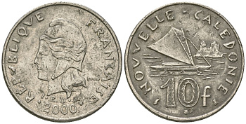 Французская Новая Каледония 10 франков 2000 рыбачья парусная лодка, (IEOM) KM 11, Schoen 13, Lec 99e никель 54-2152