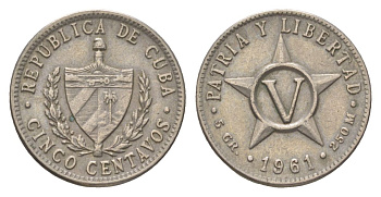 Куба 5 сентаво 1961 звезда, первая Республика (1902-1961) KM 11.3 медно-никель 4623-831