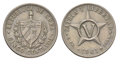 Куба 5 сентаво 1961 звезда, первая Республика (1902-1961) KM 11.3 медно-никель 4623-831