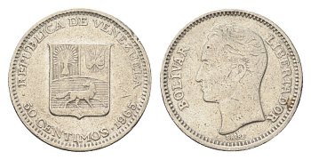 Венесуэла 50 сентимо 1965 Симон Боливар Y 41 никель 4705-529