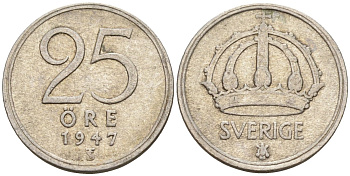 Швеция 25 эре 1947 TS, Густав V (1907-1950) KM 816 серебро 4147-968