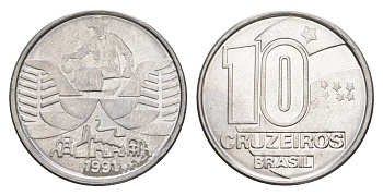 Бразилия 10 крузейро 1991 золотодобыча KM 619 нержавеющая сталь UNC 4644-534