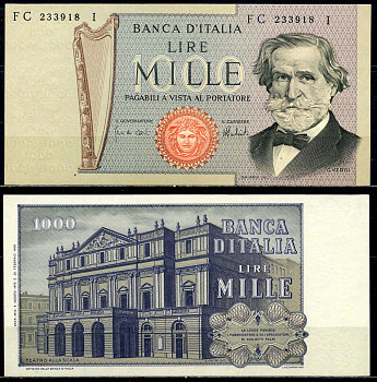 Италия 1000 лир 1975 Джузеппе Верди, Милин Ла Скала Pick 101d бумага UNC (пресс) 3295-60-3-2