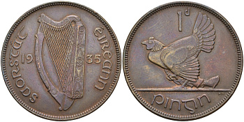 Ирландия 1 пенни 1935 курица с цыплятами KM 3 бронза 4587-1043