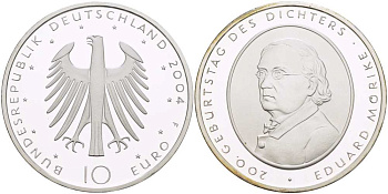 ФРГ 10 евро 2004 F, 200 лет со дня рождения Эдуарда Мёрике KM 233, DE.S. 10.16 серебро PROOF 1085-5-51