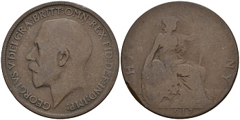 Великобритания 1/2 пенни 1917 Георг V (1910 - 1936) KM 809, Spink 4056 бронза 4146-135