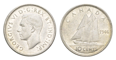 Канада 10 центов 1946 Георг VI (1936-1952), парусник KM 34 серебро 4639-549
