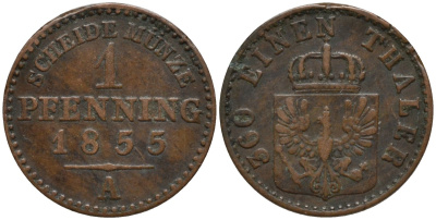 Пруссия 1 пфенниг 1855 A, Фридрих Вильгельм IV (1840-1861) KM 451 медь 4532-165