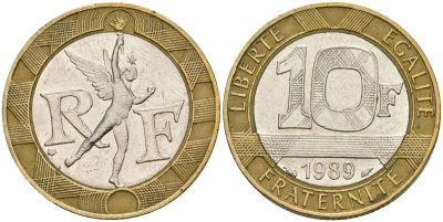 Франция 10 франков 1989 тип гений Бастилии KM 964.1, Le Franc 375.3 биметалл 4573-1155