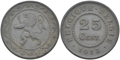 БЕЛЬГИЯ 25 САНТИМОВ 1915 BELGIE KM 82 цинк 4448-834