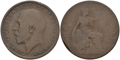 Великобритания 1/2 пенни 1917 Георг V (1910 - 1936) KM 809, Spink 4056 бронза 4146-135