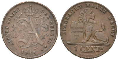 Бельгия 1 сантим 1912 DER BELGEN, Альберт I (1909-1934) KM 77 медь 4617-523