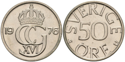 Швеция 50 эре 1976 U, Карл XVI Густав (1973- ), в лаке KM 855 медно-никель UNC 73-1432