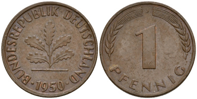 ФРГ 1 пфенниг 1950 J KM 105 сталь плакированная медью    4189-223