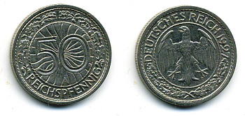 Германия 50 рейхспфеннигов 1927 A KM 49, J. 324 никель 58-222