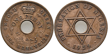 Нигерия 1 пенни 1959 Елизавета II (1952-), Британский протекторат KM 2 бронза 51-1737