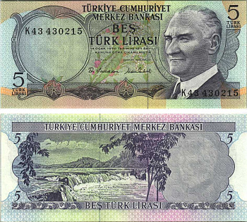 ТУРЦИЯ 5 ЛИР 1976 ПРЕЗИДЕНТ КЕМАЛЬ АТАТЮРК, МАНАВГАТ ВОДОПАД В АНТАЛИИ Pick 185 бумага UNC (ПРЕСС) 6289-27-2-1