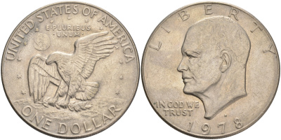 США 1 доллар 1978 D, Президент Эйзенхауэр, лунный орел KM А203 медь плакированная медно-никелем 4558-121