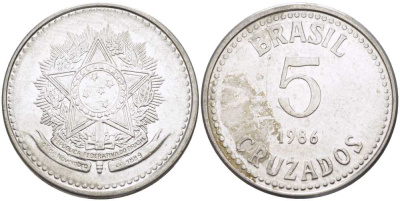 Бразилия 5 крузадо 1986 реформа (1986-1989) KM 606 нержавеющая сталь 24-1215