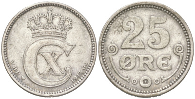 Дания 25 эре 1913 Кристиан X (1912-1947) KM 815 серебро 4621-1023