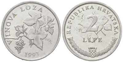 Хорватия 2 липы 1993 нечетный год, легенда на хорватском KM 4 алюминий UNC 206-264