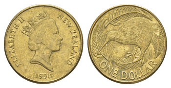 Новая Зеландия 1 доллар 1990 Елизавета II (1952-2022), птица киви KM 78 алюминиевая бронза 4652-251