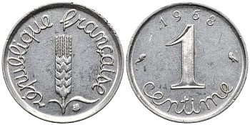 Франция 1 сантим 1968 KM 928, Le Franc 106.15 хромированная сталь 4124-1264