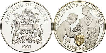 Малави 5 квача 1997 50 лет (золотая) свадьба Елизаветы и Филиппа, позолота KM 41 серебро PROOF 04-138-21